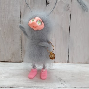Название: Felted little glowworm, Needle felted miniature bug, insect, fantasy, creature, Wool glowworm, Felt silvery glowworm