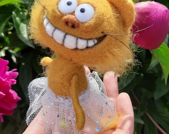 Funny Needle Felted Cat – Wool Cat Figurine – Handmade Cat Lover Gift – Cute Animal Sculpture – Whimsical Home Decor – 13 cm Tutu Doll