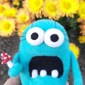 Needle felted cute monster. Wool Monster. Funny fantasy creature. Needle felted animals. Needle felted fantasy. Felt fairy monster.
