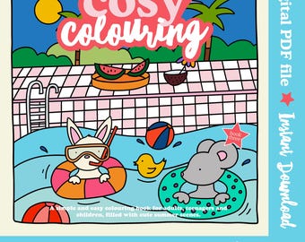Summer Colouring Book, Cosy Scenes, Cute Animals (Digital PDF)