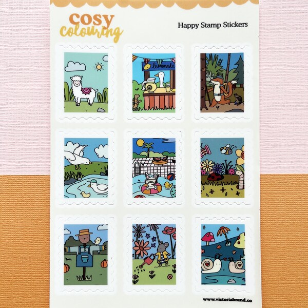 Cute Stamp Stickers: Cosy Colouring Scenes, Premium Vinyl Sheet