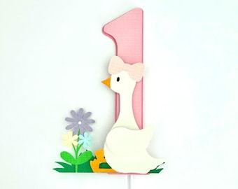 Eerste verjaardag gans taarttopper – eendthema 1e verjaardagsfeestje decoratie – gepersonaliseerde pastelkleurige taarttopper