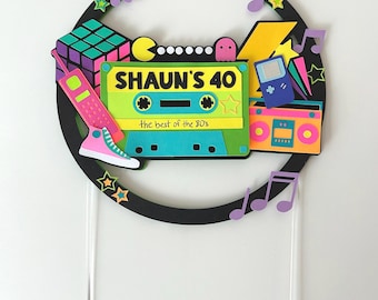 Personalized 80s Cake Topper, Retro Birthday Cake Topper, Neon 1980s Party Decor, Custom Name and Age Cake Topper, Cassette Tape Birthday