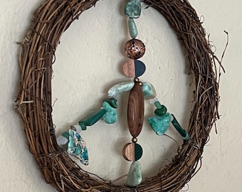 Boho Beaded Peace Sign Green Vibes Semi Precious