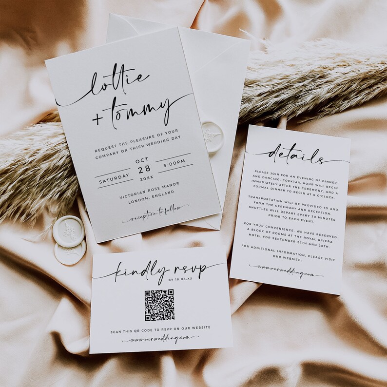 May include: A wedding invitation suite with a white background and black text. The invitation features the names "Lottie + Tommy" in a script font. The details card includes information about the wedding ceremony and reception, including the date, time, and location. The RSVP card features a QR code and the website address "www.ourwedding.com".