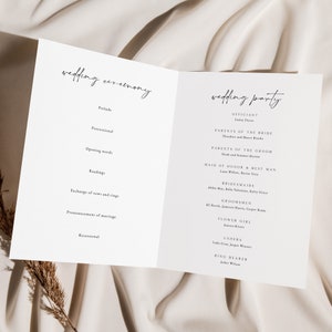 May include: Wedding ceremony and reception program with a white background and black text. The program lists the order of the ceremony and the names of the wedding party members.