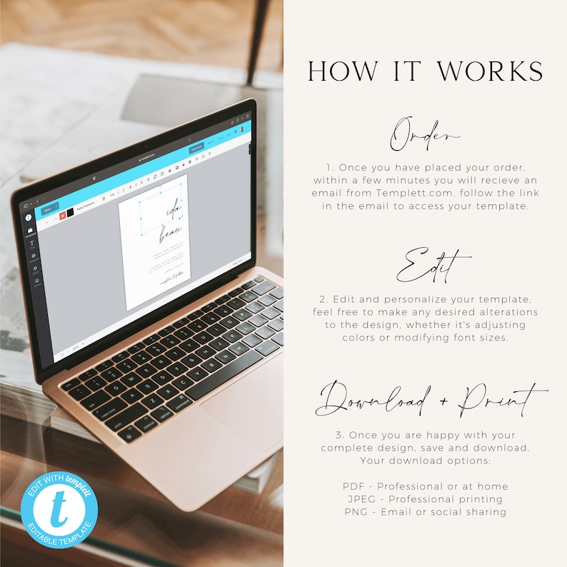 May include: A laptop computer displaying a digital template for a wedding invitation. The template is a light blue background with white text and a floral design. The text on the template reads "Save the Date". The laptop is on a table with a light brown surface. The image also includes text describing how to order, edit, and download the template.
