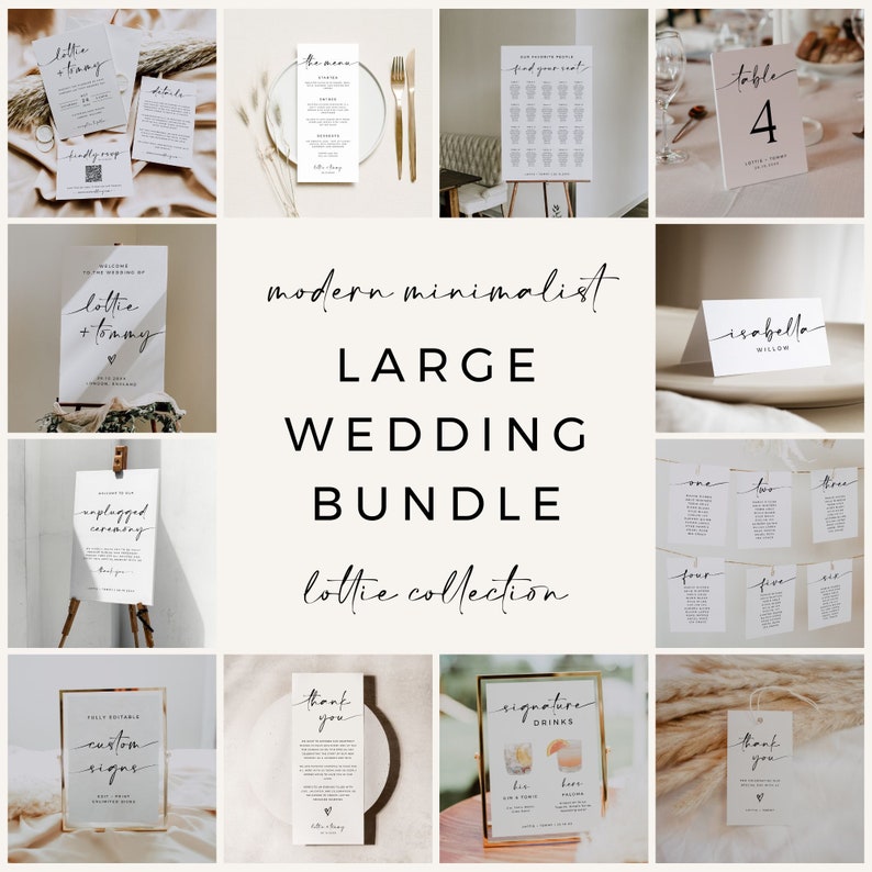 May include: A collection of printable wedding signs in a modern minimalist style. The signs include a welcome sign, table numbers, a seating chart, a signature drinks sign, and a thank you sign. The signs are all white with black calligraphy text.