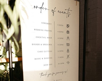 Plantilla de signo de orden de eventos de boda minimalista, signo de orden del día moderno, cronología del día de la boda, orden de servicio imprimible, IDA