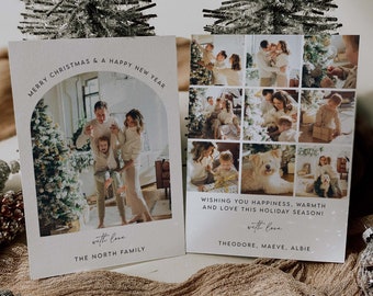 Plantilla de tarjeta de foto de Navidad, plantilla de tarjeta de Navidad de foto editable, tarjeta de Navidad de arco, tarjeta de vacaciones de foto, Feliz Navidad imprimible