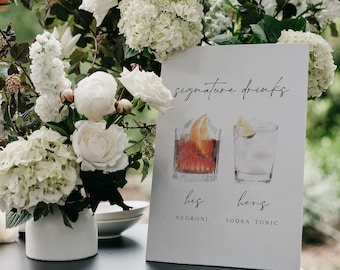 Minimalistisk bröllopsskylt med signaturdrinkar, modern menymall för signaturdrinkar, signaturcocktailskylt, utskrivbar signaturdrinkskylt, IDA