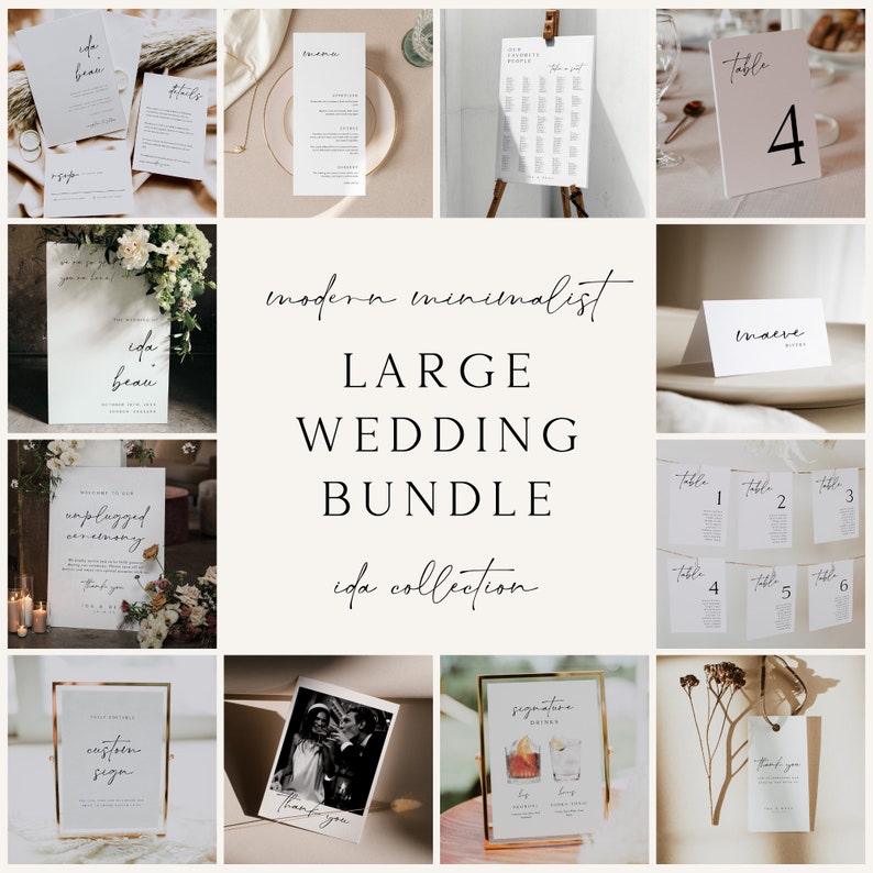 May include: A collection of printable wedding stationery templates in a modern minimalist style. The templates include a welcome sign, ceremony program, table numbers, and a guest book sign. The text on the templates is in a simple, elegant font. The templates are perfect for a modern wedding.