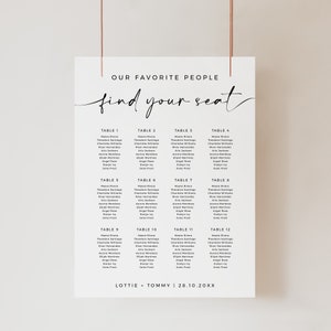 May include: A black and white wedding seating chart with the text "Our Favorite People Find Your Seat" at the top. The chart lists the names of guests assigned to each table number.