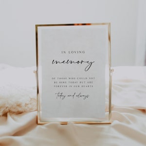 Plantilla de signo minimalista en memoria amorosa, signo conmemorativo imprimible para la boda, signo de boda para siempre en nuestros corazones, signo de boda moderno, IDA