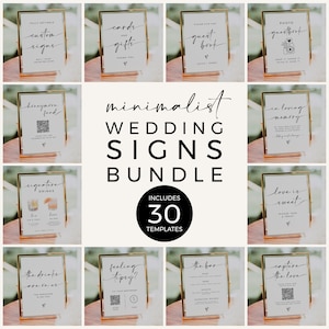 May include: A set of 30 minimalist wedding sign templates. The signs are in gold frames and feature various wedding-related text, such as "cards and gifts", "guest book", "love is sweet", and "the drinks are on us".