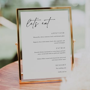 Minimalistisches Hochzeitsmenü-Zeichen, Abendmenü-Zeichen druckbar, Hochzeitsmenü-Zeichen, Let&#39;s Eat-Zeichen, bearbeitbares Menüzeichen, IDA