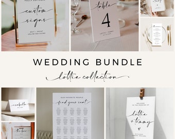 May include: Wedding signage bundle with editable templates for table numbers, seating chart, welcome sign, and bar menu. The signs feature a minimalist design with black calligraphy text on a white background.