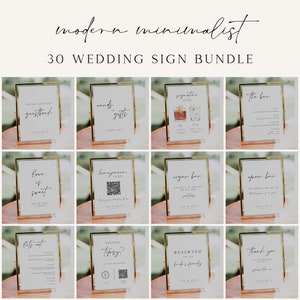 May include: A set of 30 printable wedding signs in a modern minimalist style. The signs are designed to be printed and displayed in gold frames. The signs include information such as "guestbook", "cards & gifts", "signature drinks", "the bar", "love is sweet", "honeymoon fund", "cigar bar", "open bar", "let's eat", "feeling tipsy?", "reserved for the bride & family", and "thank you".