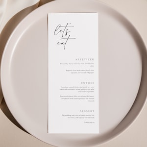 Laten we eten menusjabloon, minimalistische bruiloft menukaart sjabloon, moderne bruiloftsmenu, afdrukbare bruiloftsmenu, IDA