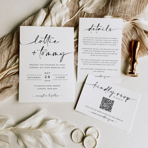 Wedding Invitation with QR Code, Minimalist Wedding Invite Template Set, QR Code Rsvp, Printable, Editable Wedding Invites, LOTTIE