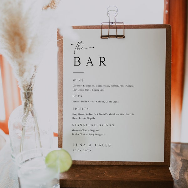 Minimalist Wedding Bar Menu Sign Template, Modern Wedding Bar Menu, Simple Wedding Drink Sign Printable, The Bar Sign, 8x10, 5x7, LUNA
