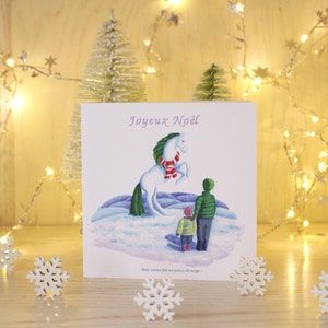 Kartka bożonarodzeniowa z koniem Joyeux Noël „Nous avons fait un Poney de Neige” | Miłośnik koni | Francuska kartka świąteczna | Kartkę z życzeniami dla rodziny