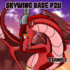 May include: A digital illustration of a red dragon with a detailed design. The dragon has a light pink underbelly and wings, with the text "SKYWING BASE P2U" and "EXAMPLE" in the image. The background is a gradient of purple and orange.