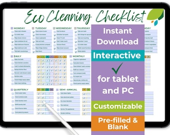 Afdrukbare schoonmaakplanner Milieuvriendelijke schoonmaakchecklist Natuurlijk schoonmaakschema Wekelijkse huishoudelijke taken Bewerkbare huishoudelijke planner PDF