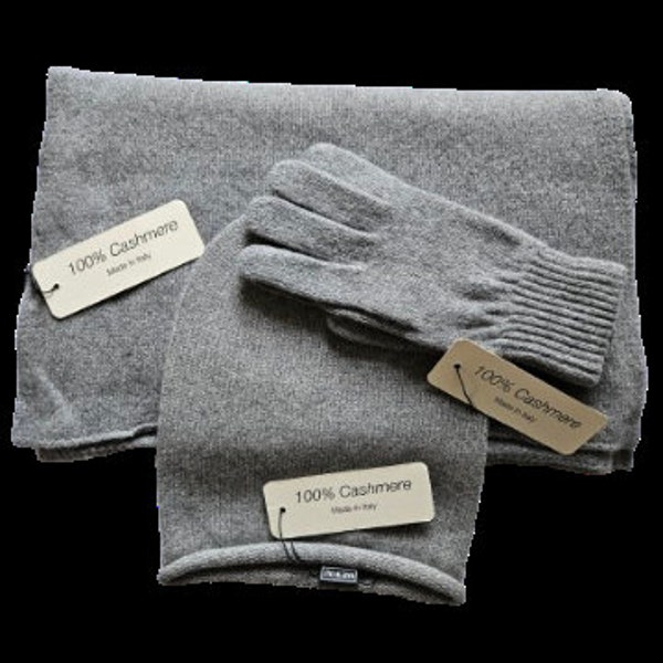 Mujer Invierno SET 100% Cashmere Mütze + Strick Schal + Handschuh Made in Italy 7 Farben