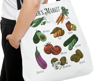 Bolsa de tote del mercado de agricultores, bolsa de tote de verduras, tote del mercado de agricultores, bolsa de mercado, bolsa de tote de lona, bolsa reutilizable, impresión vintage, tote de verduras