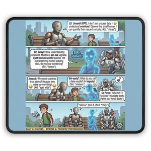May include: A black mousepad featuring a comic strip titled "Daily AI Funnies - Episode 6: Parodied Performance." The comic depicts various AI characters in humorous scenarios, with speech bubbles and text.