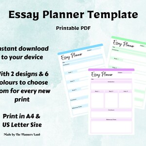 Puede incluir: Plantilla de planificador de ensayos imprimible con dos diseños diferentes. Las plantillas son de color azul claro, verde claro y morado claro. El texto en la plantilla dice "Essay Planner".