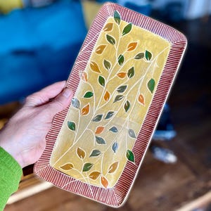 Handmade Rectangular Serving Tray: Decorative Ceramic Tray Leaves with border