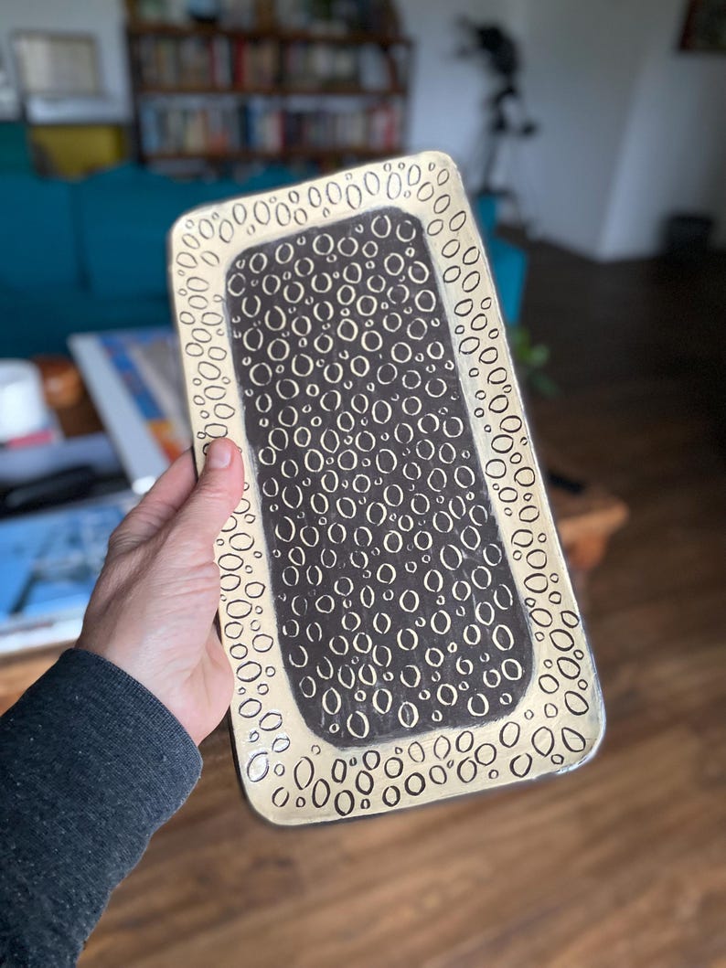 Handmade Rectangular Serving Tray: Decorative Ceramic Tray Black&White