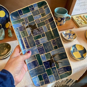 Handmade Rectangular Serving Tray: Decorative Ceramic Tray Blue tiles