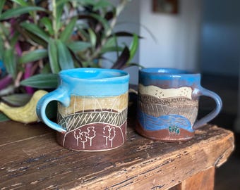 Handmade Ceramic Mug: Sgraffito Landscape Design