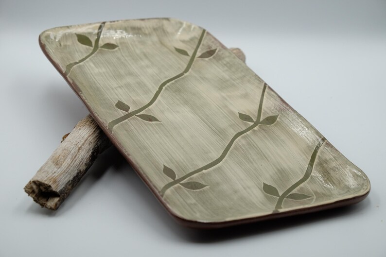 Handmade Rectangular Serving Tray: Decorative Ceramic Tray Leaf green
