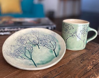Handmade Ceramic Breakfast Set: Elderberry Design Plate and Mug