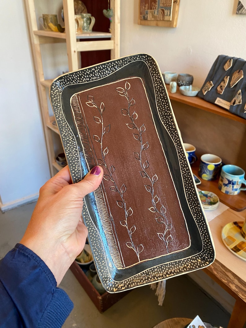 Handmade Rectangular Serving Tray: Decorative Ceramic Tray BrownBlack