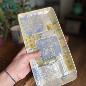 Handmade Rectangular Serving Tray: Decorative Ceramic Tray Flor Alentejana