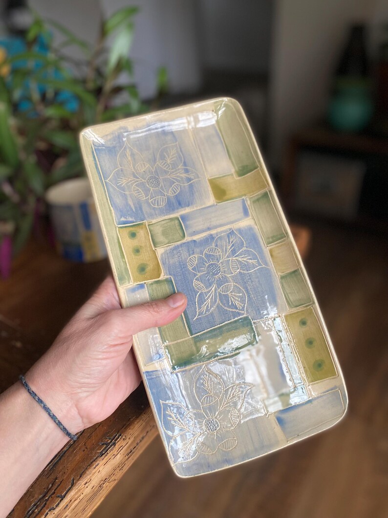 Handmade Rectangular Serving Tray: Decorative Ceramic Tray Flor Alentejana