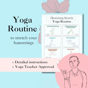 Può includere: Una routine di yoga stampabile per allungare i muscoli posteriori della coscia. La routine include sei pose: piegamento in avanti dinamico, affondo basso, piccione reclinato, piegamento in avanti seduto su una gamba sola, angolo legato e cane a testa in giù. Ogni posa include una descrizione e il tempo di tenuta consigliato.