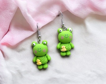 Boucles Oreilles | Pendants d'oreilles | Grenouille Sac Canard | Kawaii | Mignon Résine