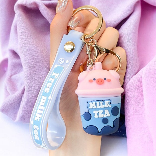 Porte Clés | Mignon Cochon Thé au lait | Bijou de Sac | Style Kawaii | Accessoires | Pendentif Sac | Silicone | Gel de Silice