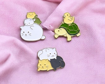 Pin's Broche Email | Animaux Empilées | Pile de chat, Tortue, Poussin | Kawaii | Fun | Humour