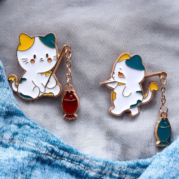 Pin's Broche Email | Chats Pêcheurs Kawaii | Chat Peche Poisson | Kawaii | Fun | Humour