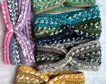 Crocheted Ear Warmer Headband, Twisted Chunky Knit, Fair Isle Yarn