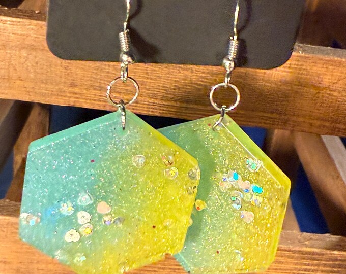 Teal and Yellow Hexagon Earrings