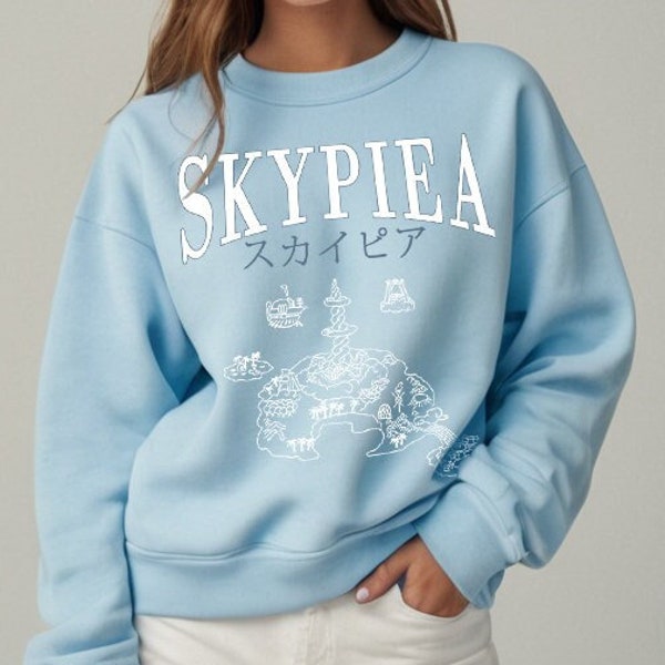 One Piece, Unisex Blue Sweatshirt, Gift for Her, Gift for Him, Anime, Manga, Japanese letters, Skypiea, Luffy, Sky island, University Style