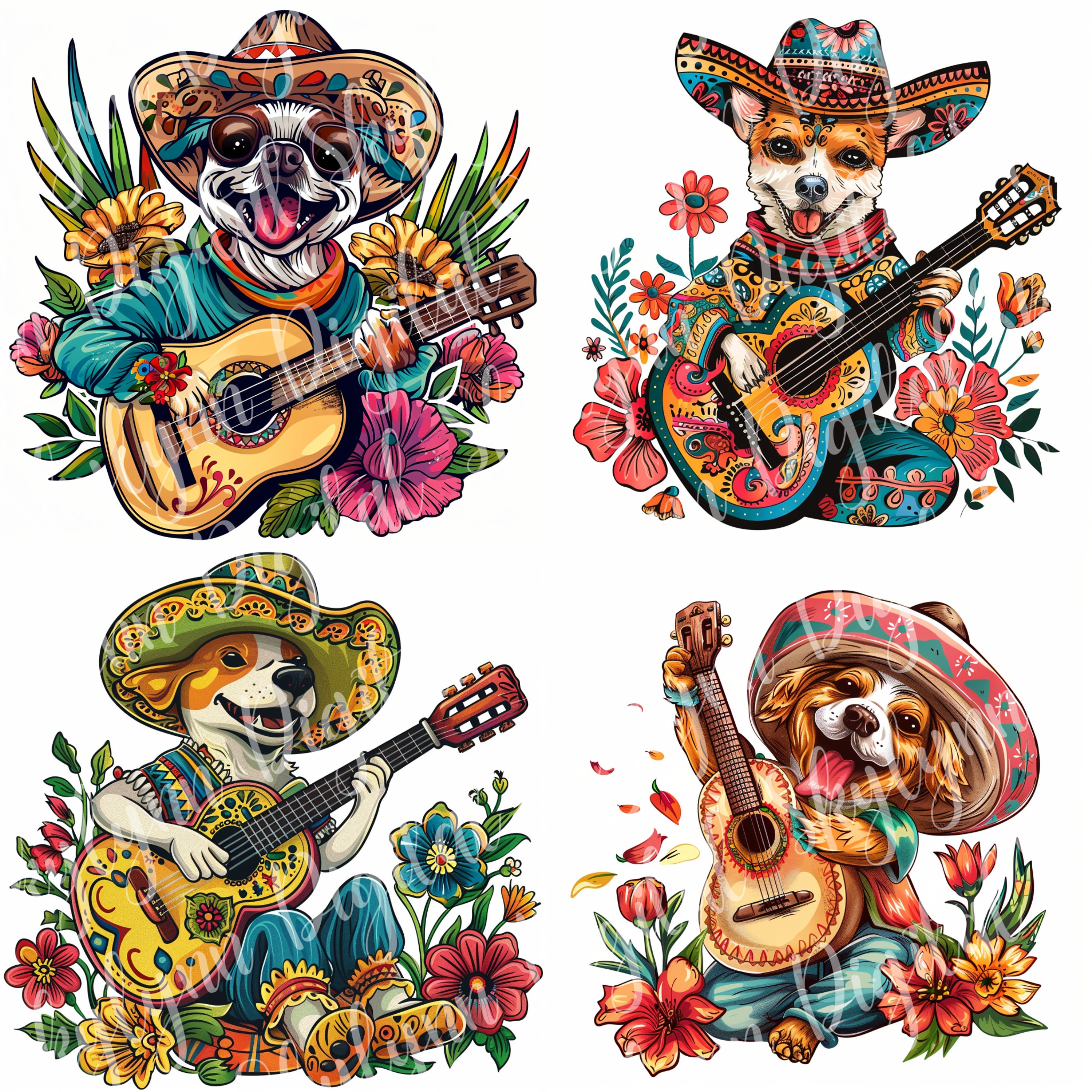 14 Clipart Images of Mariachi Dogs Playing Guitars With Colorful Flowers, Printable, Project ...